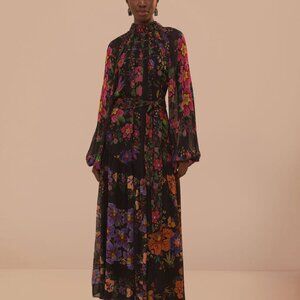 NWT AUTH FARM RIO Black Floral Scarves High Neck Maxi Dress MEDIUM FREE SHIP